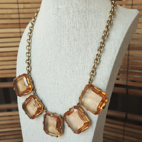 J. Crew Brand Statement Necklace Huge Warm Honey Faceted Beveled Glass Stones - Picture 2 of 15